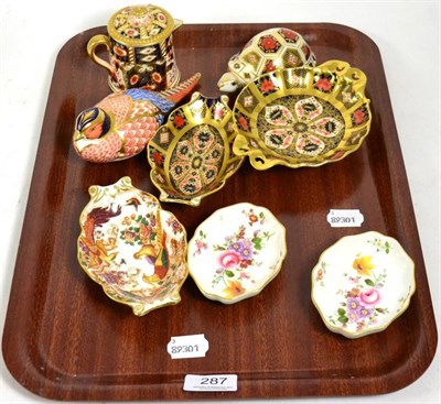 Lot 287 - Two Royal Crown Derby Imari paperweights, two Imari dishes, two Derby ";Posies"; dishes, a...