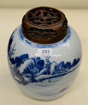 Lot 293 - A Chinese porcelain blue and white ginger jar, with pierced wood cover