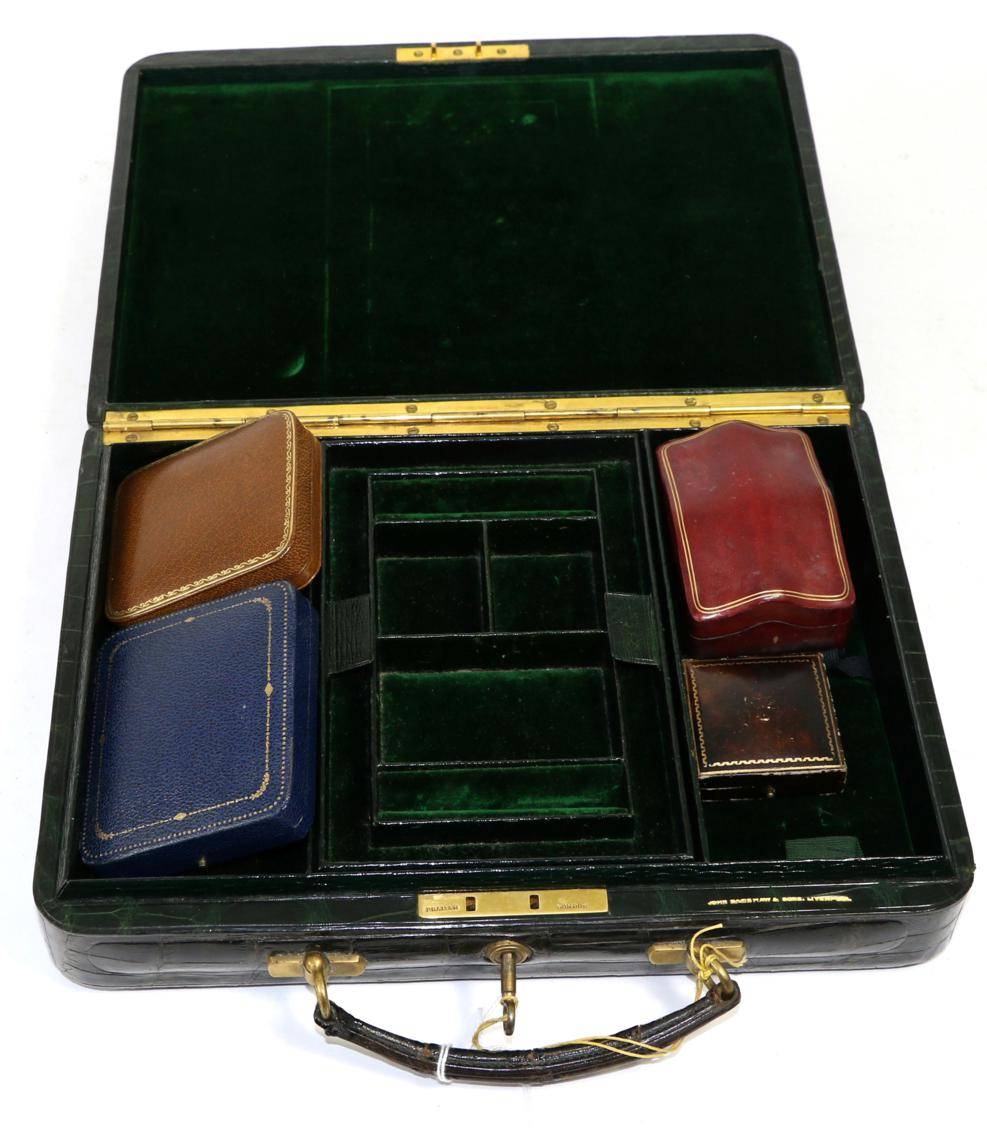 Lot 308 - A John Bagshaw & Sons, Liverpool green lizard skin jewellery box and a small quantity of...