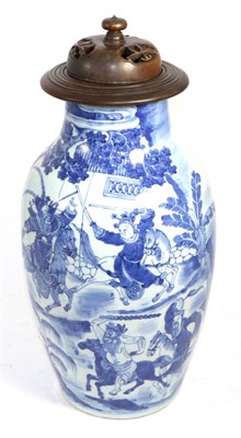 Lot 310 - A Chinese blue and white porcelain baluster vase, painted with soldiers on horseback, reduced...