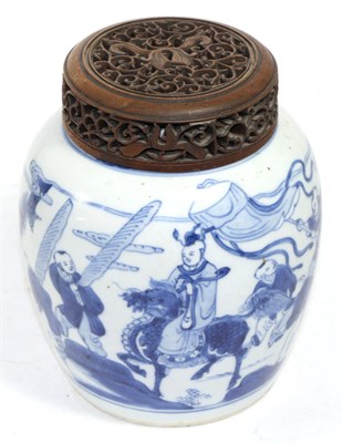 Lot 311 - A Chinese porcelain blue and white ginger jar, with pierced wood cover