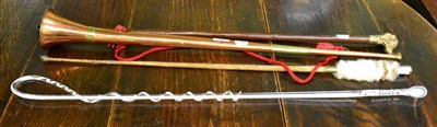 Lot 330 - Nailsea glass driving whip; walking cane with foxhound handle and two other items (4)