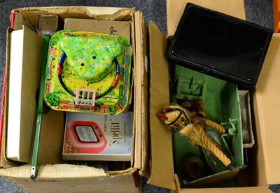 Lot 1026 - Two boxes of various toys and games including a tinplate train track