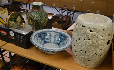 Lot 1060 - A quantity including a garden seat, toilet bowl, twin handled vase, glass, a doll, etc