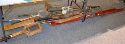 Lot 1069 - A collection of vintage skis, tennis racquets, cricket bats,etc