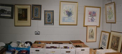 Lot 1080 - A group of framed articles including two Chinese silk panels, 20th century watercolours, etc (11)