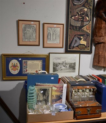 Lot 1098 - A group of Wedgwood blue Jasperware, glass, framed articles, a brass mounted oak tantalus,...