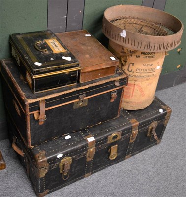 Lot 1102 - Two travelling trunks, a small leather case, strong box, potato barrel and sifter