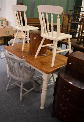 Lot 1116 - A part painted pine kitchen table together with five various painted chairs