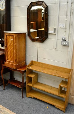 Lot 1141 - A marble top pot cupboard, occasional table, open bookcase, oak framed mirror