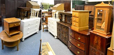 Lot 1146 - Eleven pieces of furniture, including oak buffet, two nest of tables, clerks slope, two pine...