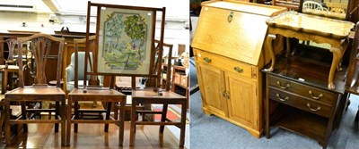 Lot 1159 - A golden oak bureau, dressing table, a walnut tray top table, set of three plank seated dining...