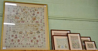 Lot 1190 - Needlework sampler dated 1834, by Ann Goodly, aged 11; together with five 19th century various...