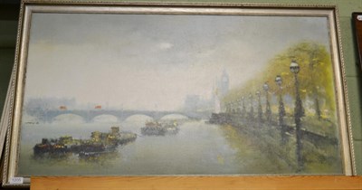 Lot 1205 - British School, late 20th century, Barges on the River Thames, with the embankment, oil on...