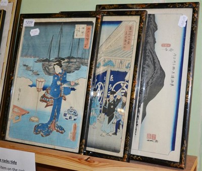 Lot 1209 - A set of three coloured Japanese woodblock prints in Japanned frames