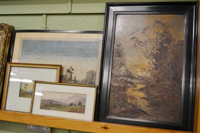 Lot 1212 - John Falconer Slater, river landscape, oil on board; together with two watercolours and a print (4)