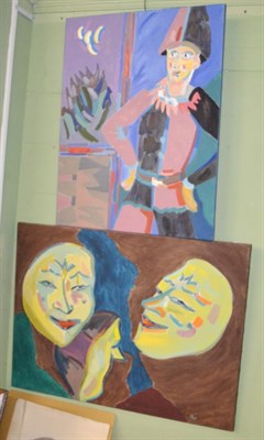 Lot 1219 - Harry Weinberger, Two masks, oil on canvas; and another by the same hand, The Hampleman (2)