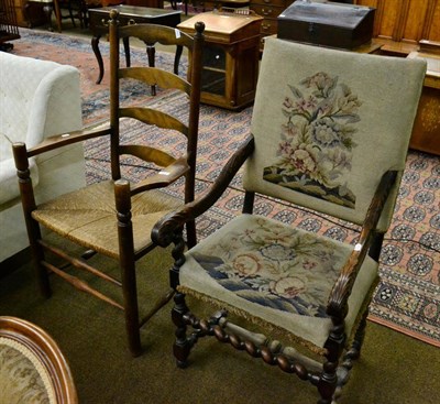 Lot 1319 - An acanthus leaf carved oak framed chair with needlework back and seat, together with a rush seated