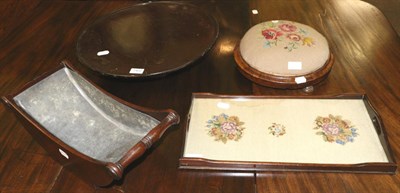 Lot 1402 - A mahogany lazy Susan, a mahogany cheese roll, needlework tray and similar footstool