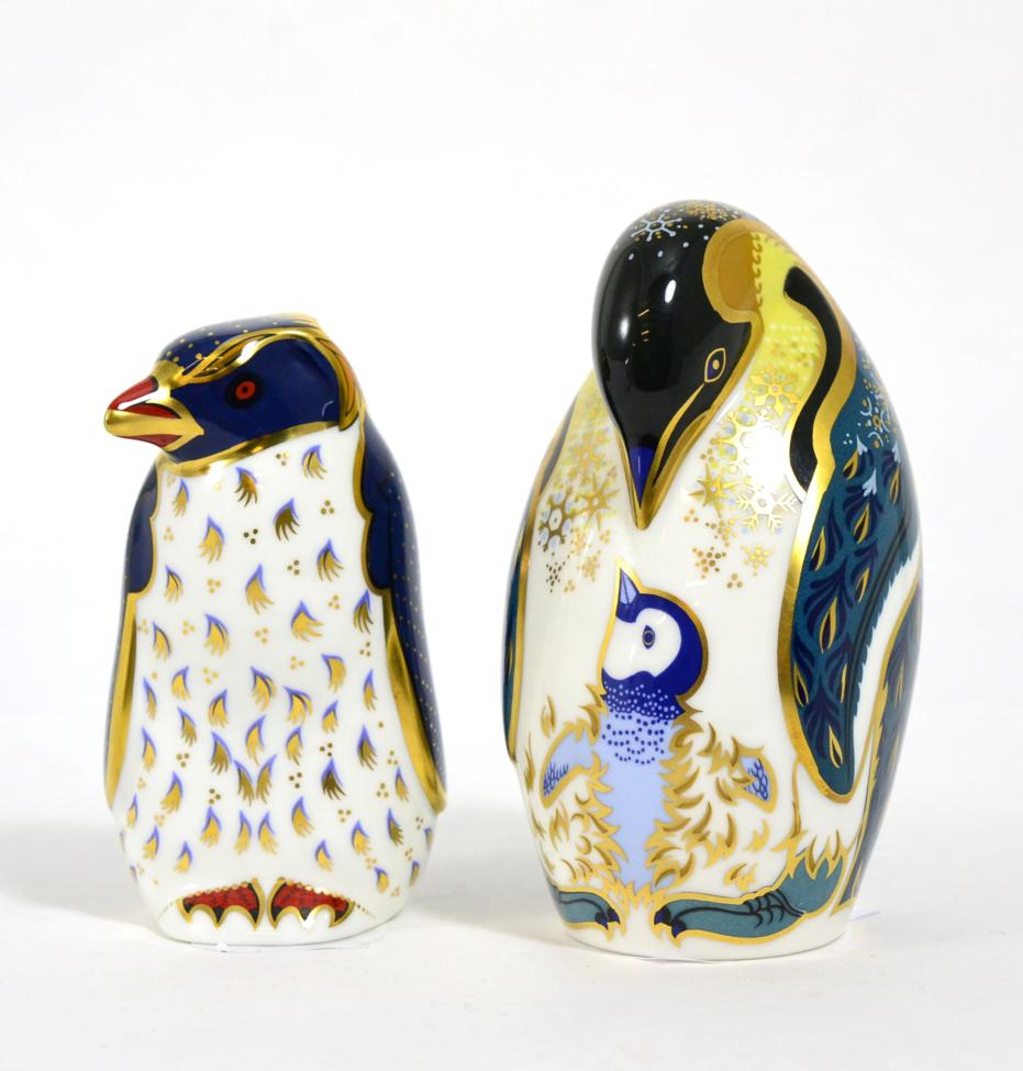 Lot 8 - Royal Crown Derby Imari paperweights; Penguin and Chick and Rockhopper Penguin (2) (each with...