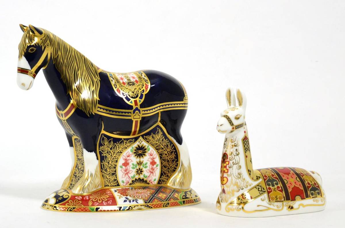 Lot 14 - Royal Crown Derby Imari paperweights; Shire Horse No. 1006/1500 (with certificate) and Llama...