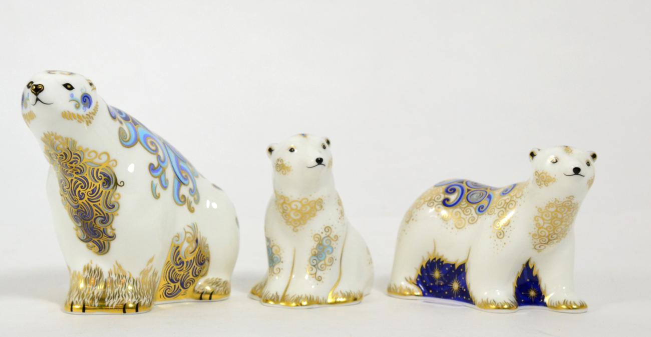 Lot 25 - Royal Crown Derby Imari paperweights; Aurora Polar Bear No. 398/1500, Boris and Alice Polar...