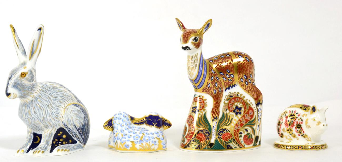 Lot 36 - Royal Crown Derby Imari paperweights; Starlight Hare (gold stopper), Fawn (gold stopper), Lambs...