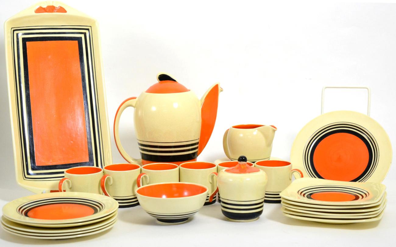 Lot 46 - A Susie Cooper Crown Works Kestrel shape coffee and cake set, graduated black bands pattern,...