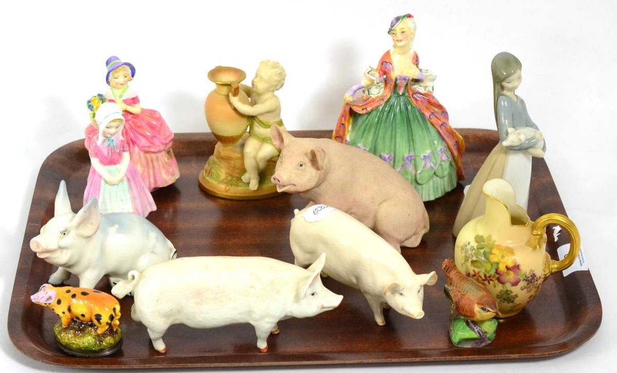 Lot 93 - Two Beswick pig; Ch. Wall Boy; and Ch. Wall Queen; another Beswick pig; Royal Worcester figural...