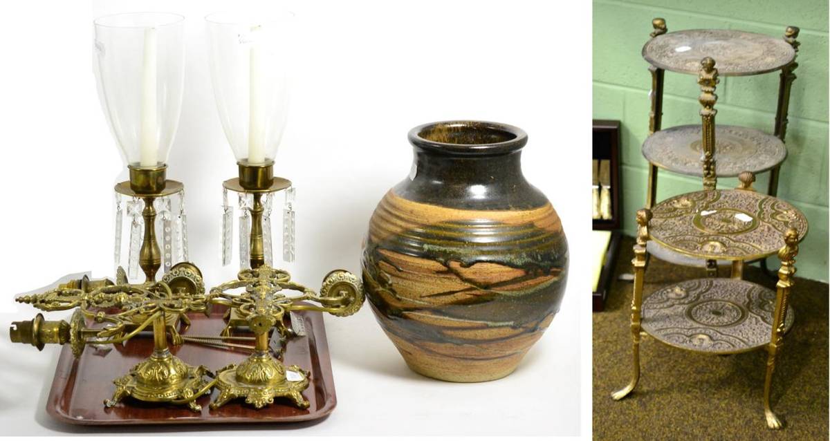 Lot 220 - Two similar two-tier and three-tier gilt metal stands, a pair of brass two-light wall scones a pair