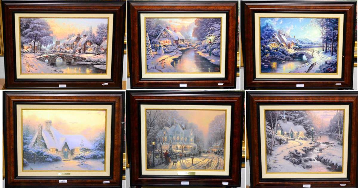 Lot 1032 - After Thomas Kinkade (American 1958-2012), limited edition canvas prints with hand embellished...