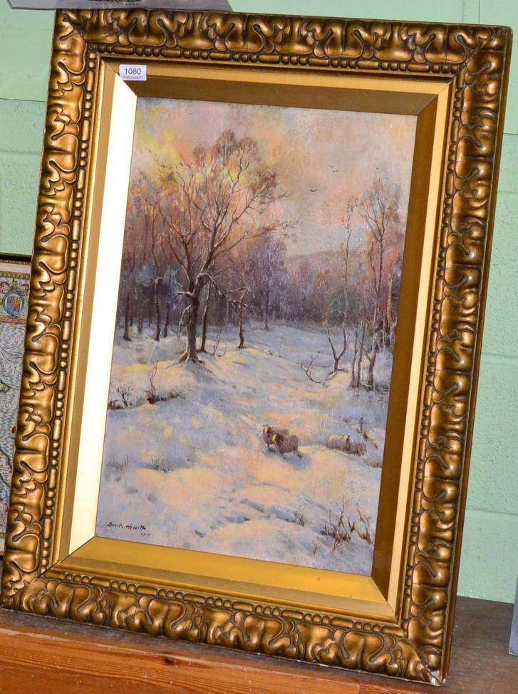 Lot 1080 - David Hewitt (fl.1900-1910) Sheep in a snowbound landscape at dusk, signed and dated 1914, oil...
