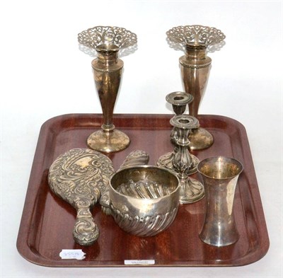 Lot 5 - A small group of silver including a Victorian sugar bowl, vase, pair of dwarf candlesticks, pair of