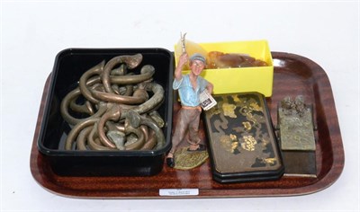 Lot 9 - Group of collectables including agate carving, cold painted boar decorated letter clip,...