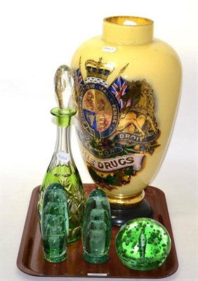 Lot 31 - A large decalmania Victorian lamp base, three Sunderland glass dumps, and a green flash glass...