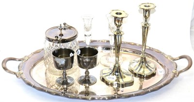 Lot 42 - A pair of modern silver wine goblets, a cut crystal pair of candlesticks, a silver plated tray...