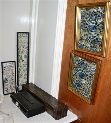 Lot 62 - A pair of Chinese framed embroideries, two others, a lacquered fan case and a leather work box