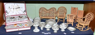 Lot 65 - A collection of dolls dinner wares including a green transfer printed service, furniture etc