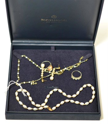 Lot 70 - A 9ct gold cubic zirconia necklace, a pearl necklace and earrings and two silver rings