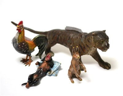 Lot 96 - Cold painted bronze figures of cockerel; Hare; Dachshund on pillow and spelter figure of tiger