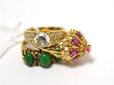 Lot 114 - Two cluster rings stamped '585' and a 9ct gold turquoise ring (3)