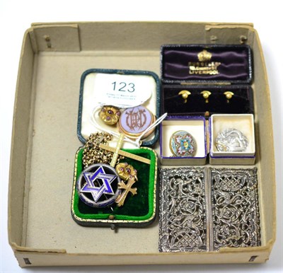 Lot 123 - A 9ct gold cross pendant, another cross stamped '12K', a micro mosaic brooch, an enamel star of...