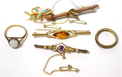 Lot 127 - Four brooches, an opal ring and an eternity ring