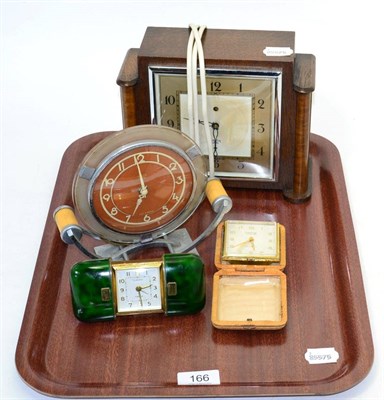 Lot 166 - A Smiths 1920 mantel clock, an oak cased mantel clock of similar date and two travelling clocks