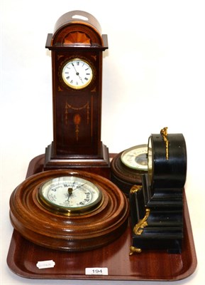 Lot 194 - A small inlaid mahogany longcase clock, mantel timepiece and two oak cased barometers