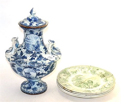 Lot 200 - A German twin handled vase and cover; with four 19th century Spode Aesop's Fable's bowls and plates