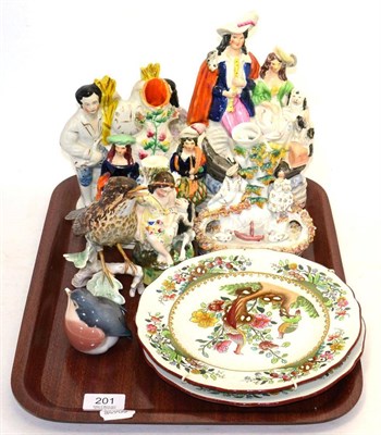 Lot 201 - Five various Staffordshire figures, 19th century, including Scottish flatback; with a pair of Spode