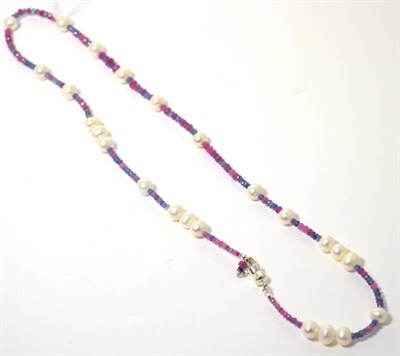 Lot 216 - A cultured pearl and faceted pink sapphire and tanzanite bead necklace