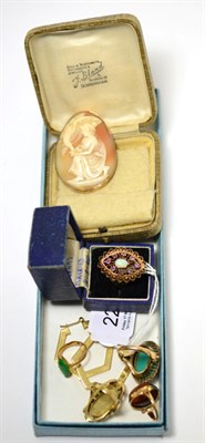 Lot 223 - Five dress rings '14k' and '10k', pair of earrings inscribed '14k' and a shell cameo set in a frame