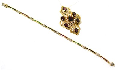 Lot 233 - A 9ct gold garnet and pearl brooch and a gem set line bracelet (some losses)